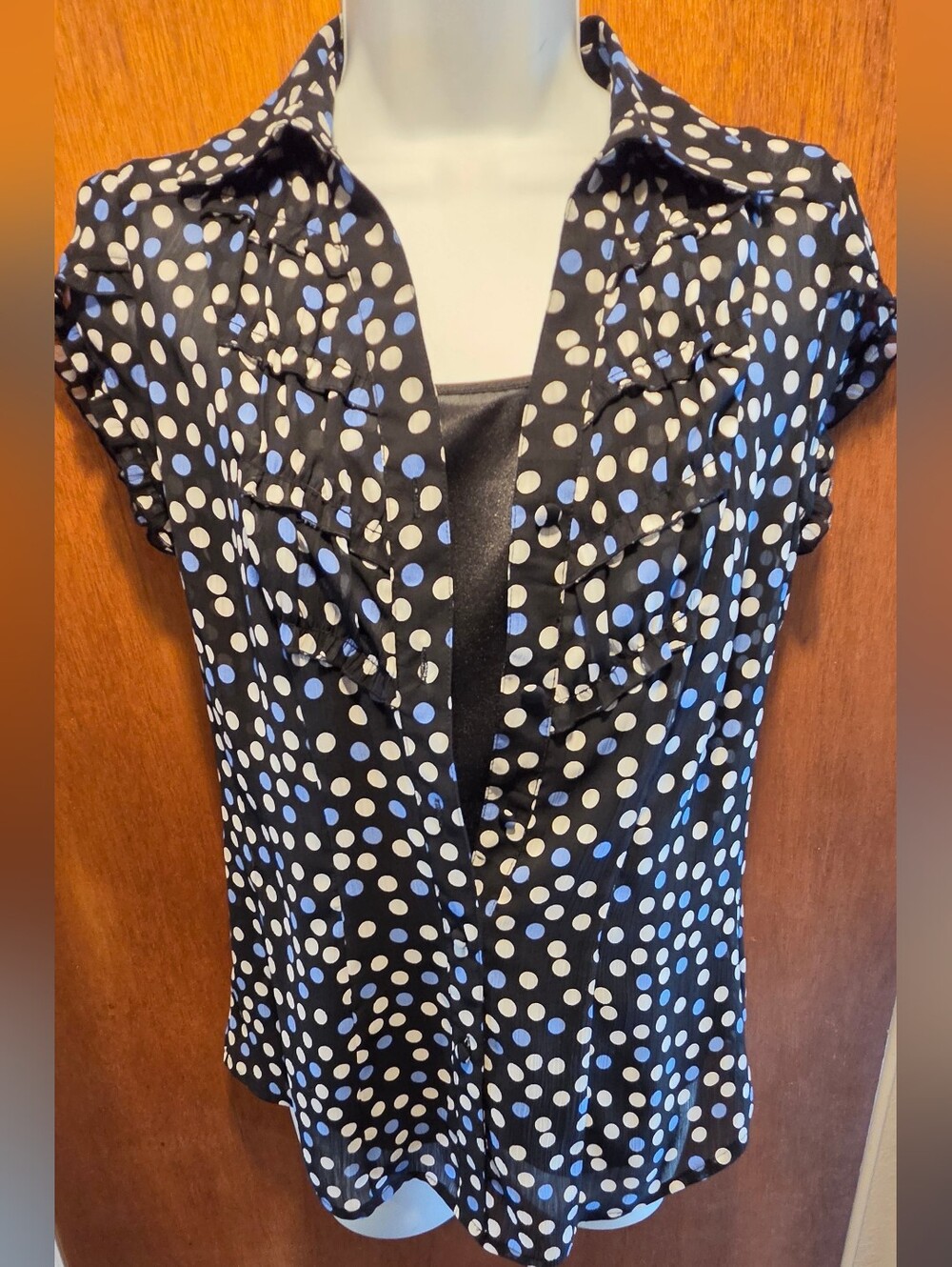 Style & Co. Petite Layered Tank & Sheer Ruffled Polkadot Blouse Top Sz2P - Picture 3 of 10